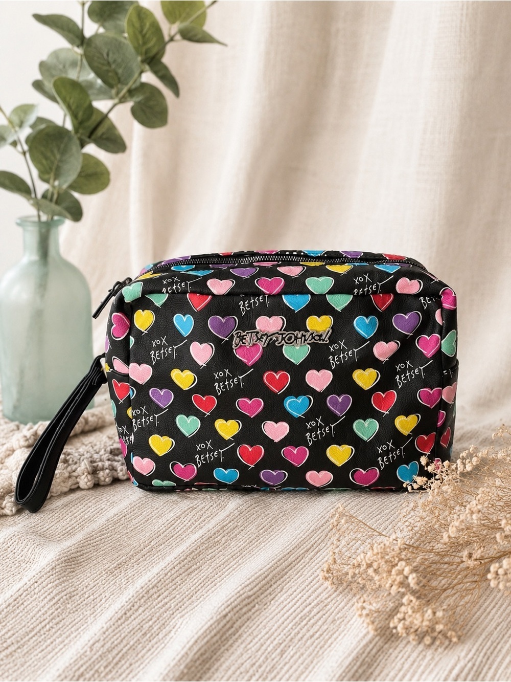 Vintage Betsey Johnson Heart Print Travel Bag | Double Zip Cosmetic Case